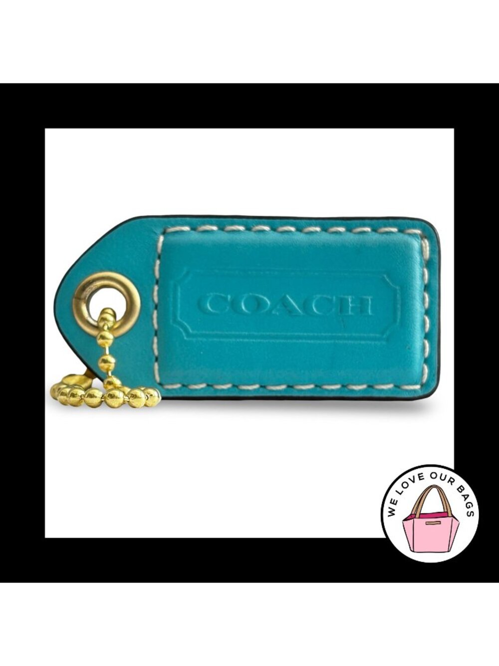 COACH Y2K VINTAGE Hang Tag 2.5" Blue Leather Bag Charm Keychain Fob Brass Large